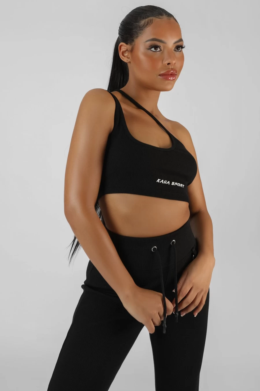 Public Desire Women's Black Asymmetric Strappy Kaiia Sport Crop Top