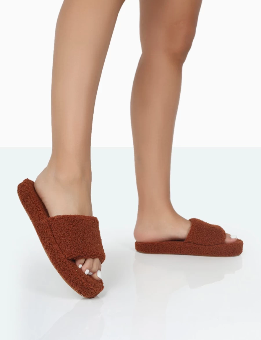 Public Desire Women's Brown Vale Borg Fluffy Slide Slippers