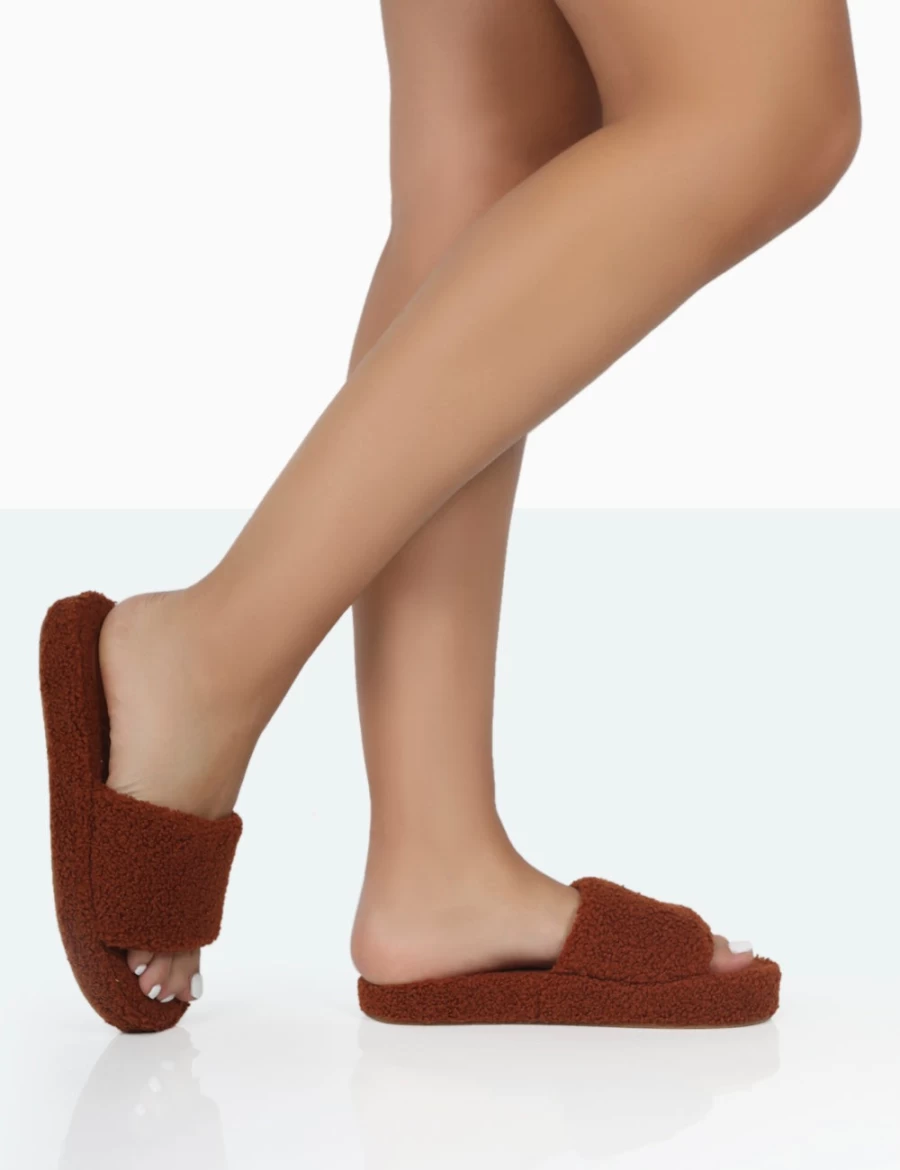 Public Desire Women's Brown Vale Borg Fluffy Slide Slippers