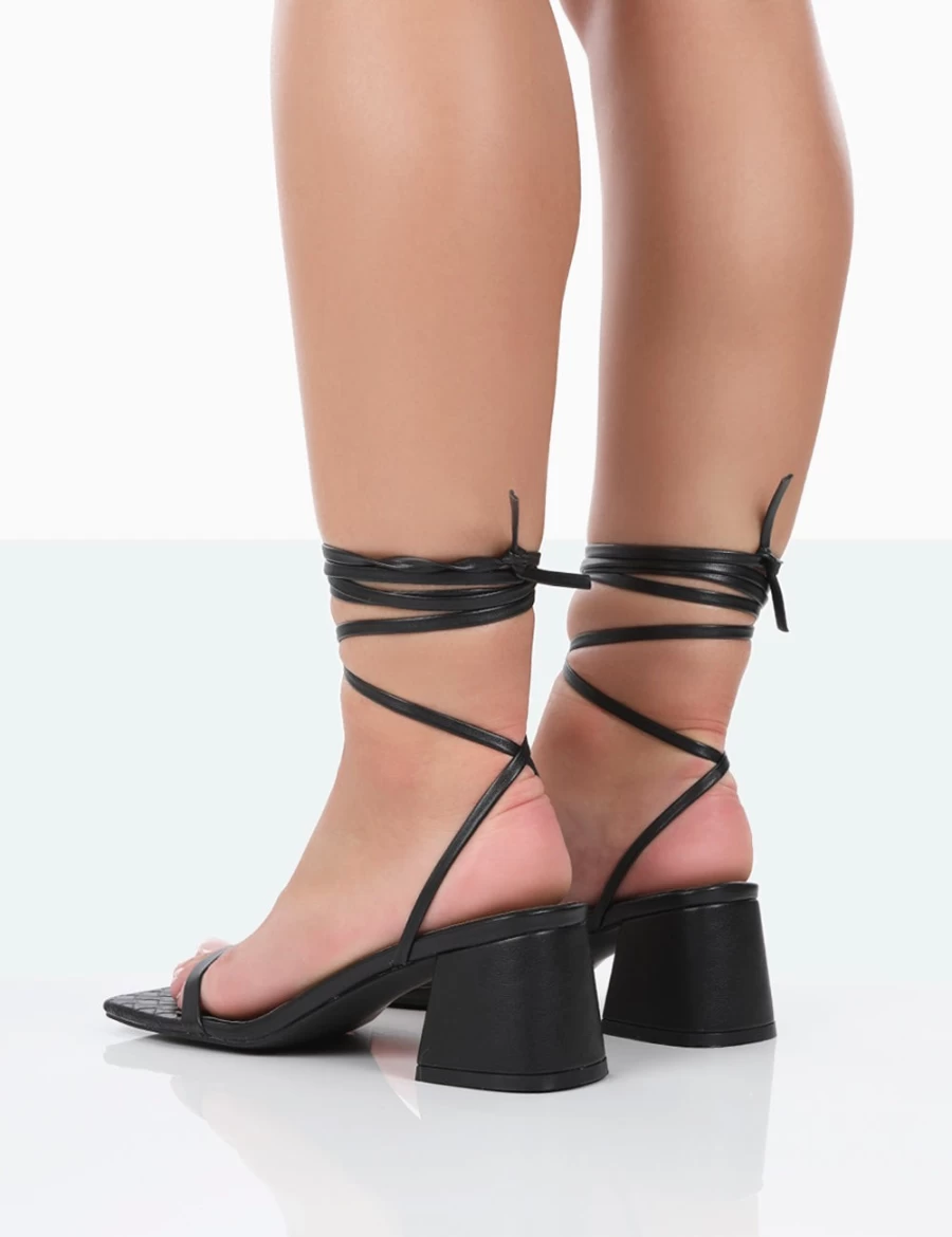 Public Desire Women's Black Square Toe Lace Up Block Heel Mid Heel Sandals