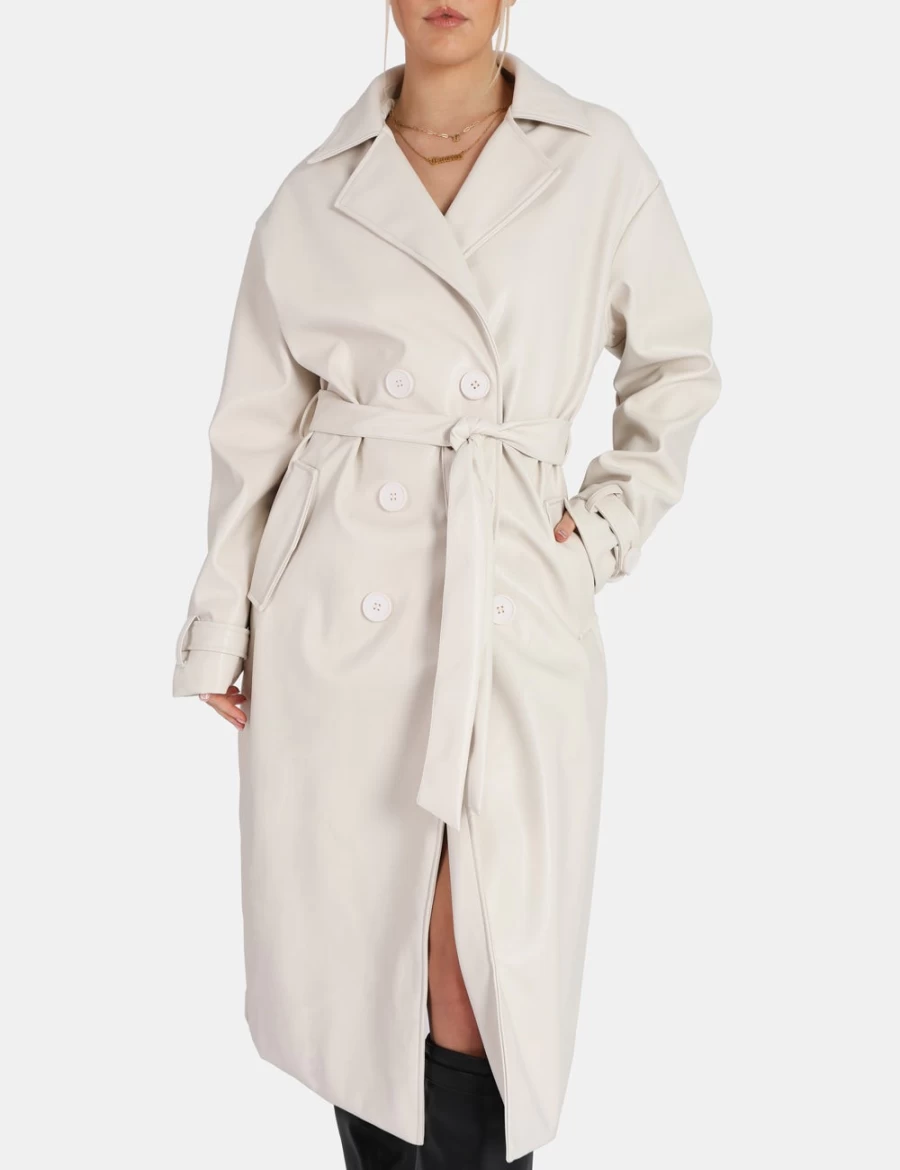Women's Ecru Longline PU Belted Trench Coat by Public Desire
