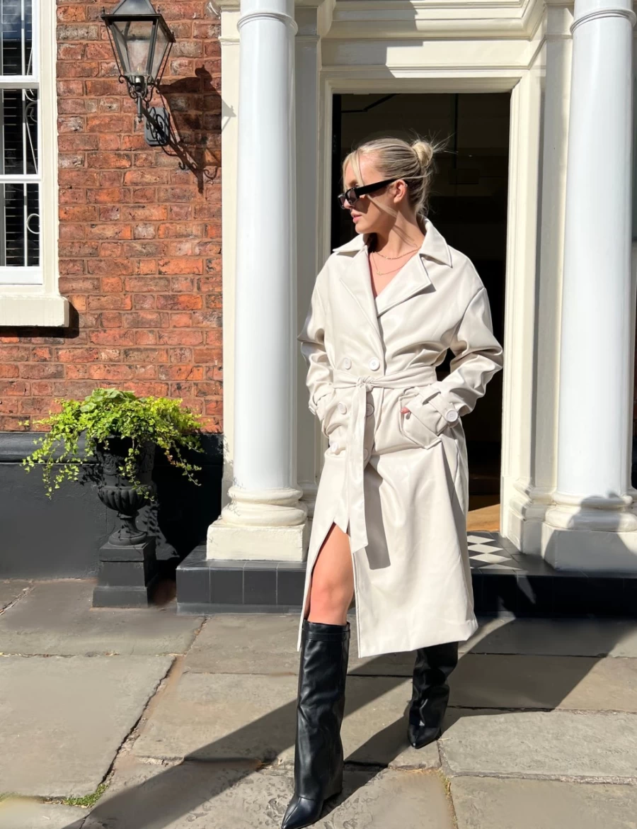 Women's Ecru Longline PU Belted Trench Coat by Public Desire