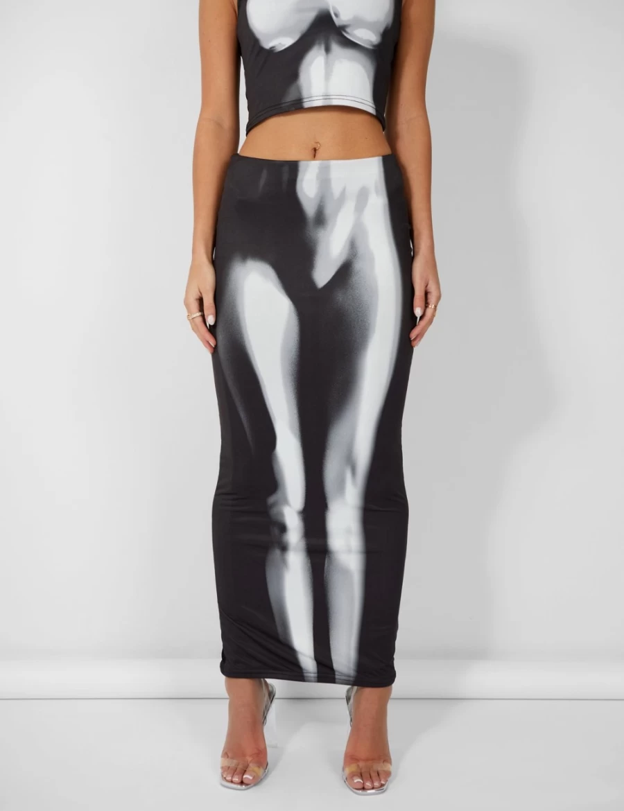 Public Desire Women's Black Bodycon Slinky Midaxi Skirt with Heat Print Design