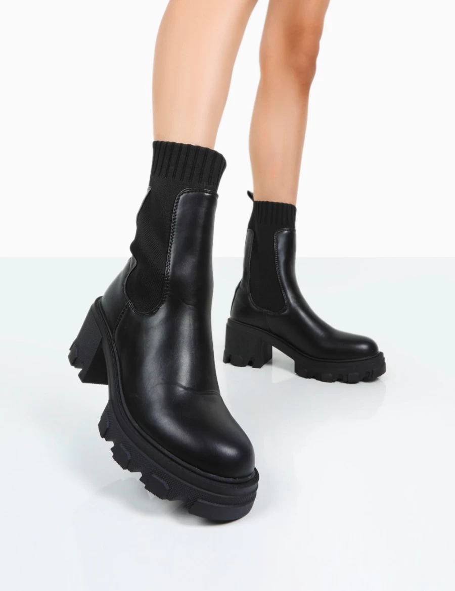 Public Desire Women's Black Everdeen Chunky Heel Platform Knit Sock Ankle Boots
