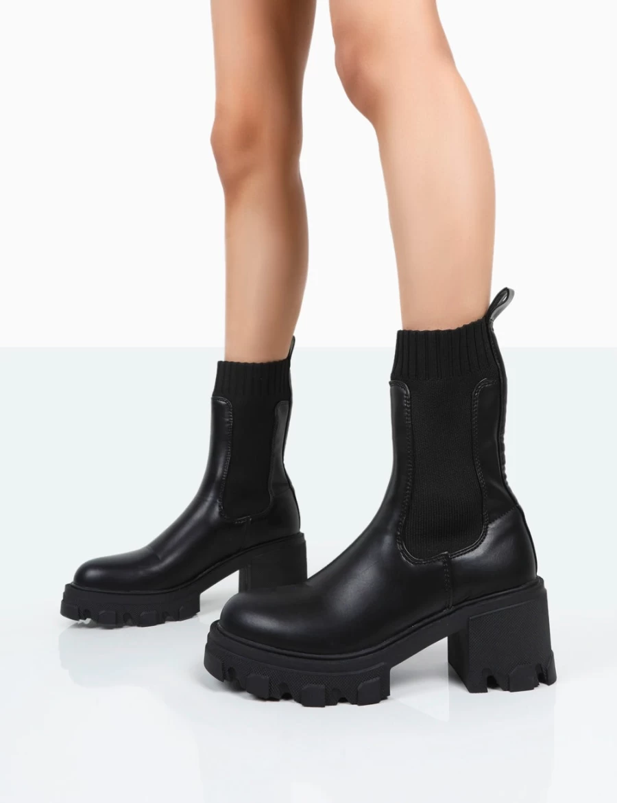 Public Desire Women's Black Everdeen Chunky Heel Platform Knit Sock Ankle Boots
