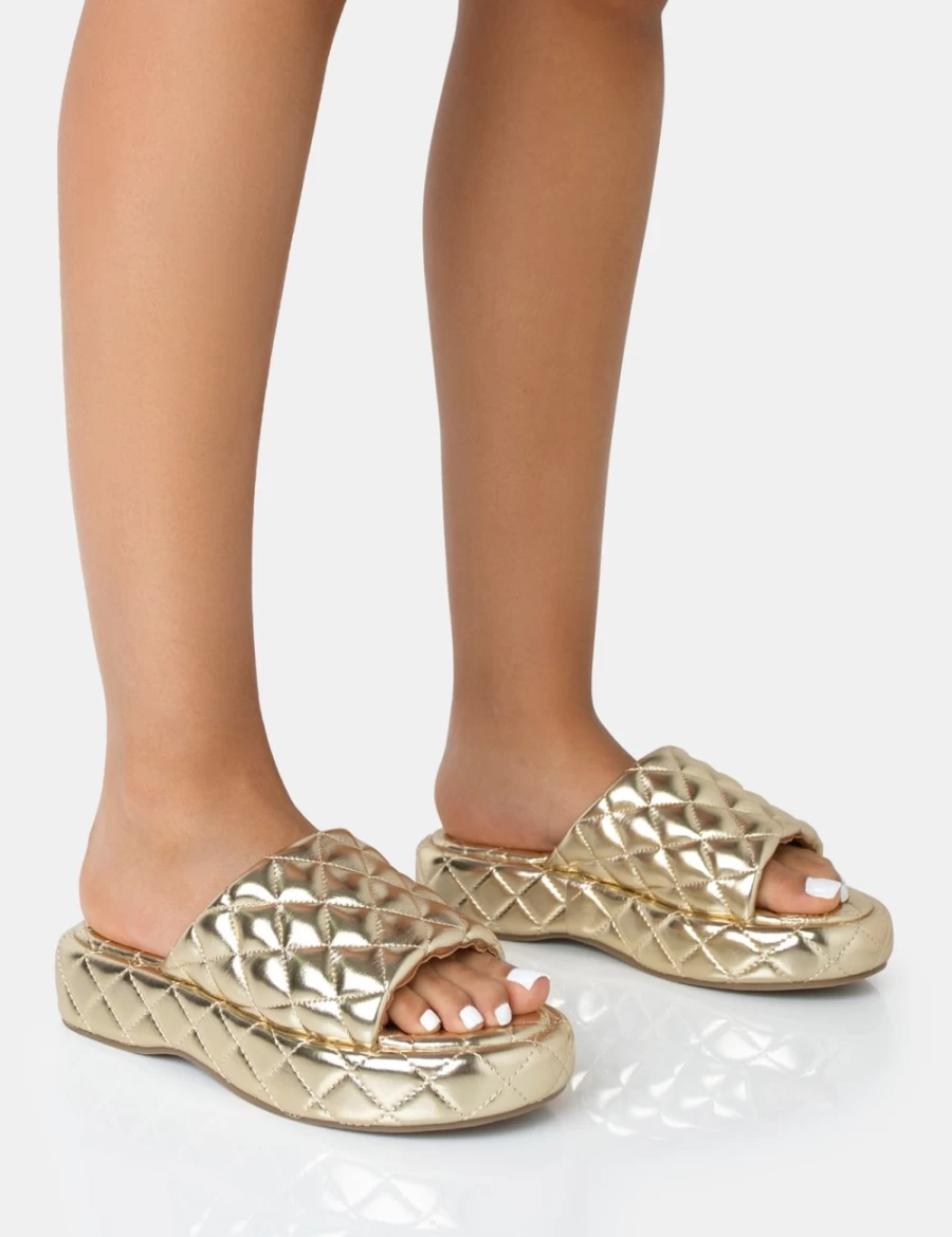 Public Desire Women's Gold Mykonos Quilted Flatform Slide Sandals