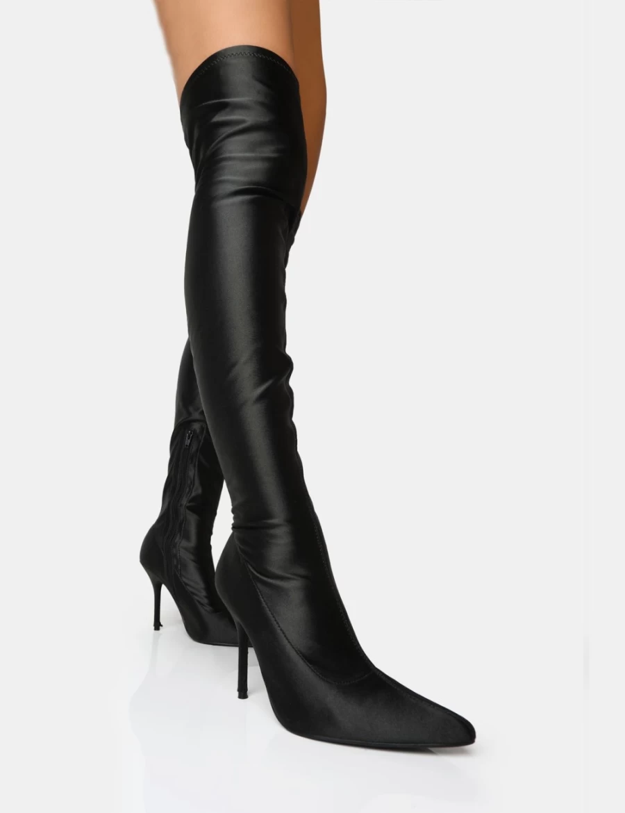 Public Desire Women's Black Instinct Lycra Pointed Toe Stiletto Thigh High Boots