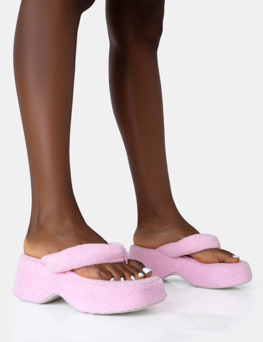 Public Desire Women's Pink Havana Towelling Chunky Platform Flip Flop Sandals
