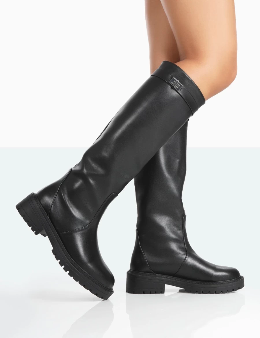 Public Desire Women's Black Chunky Sole Knee High Boots - Round Toe More Fun Style