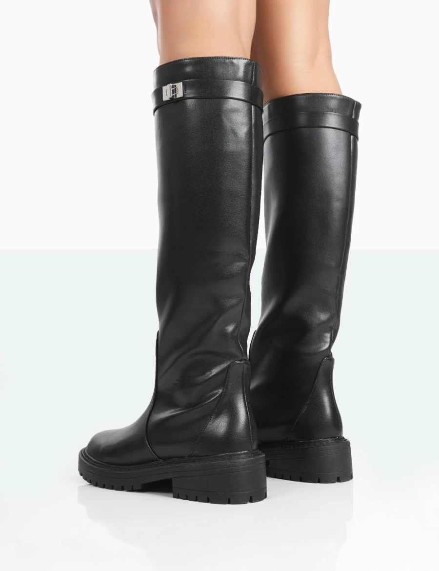 Public Desire Women's Black Chunky Sole Knee High Boots - Round Toe More Fun Style