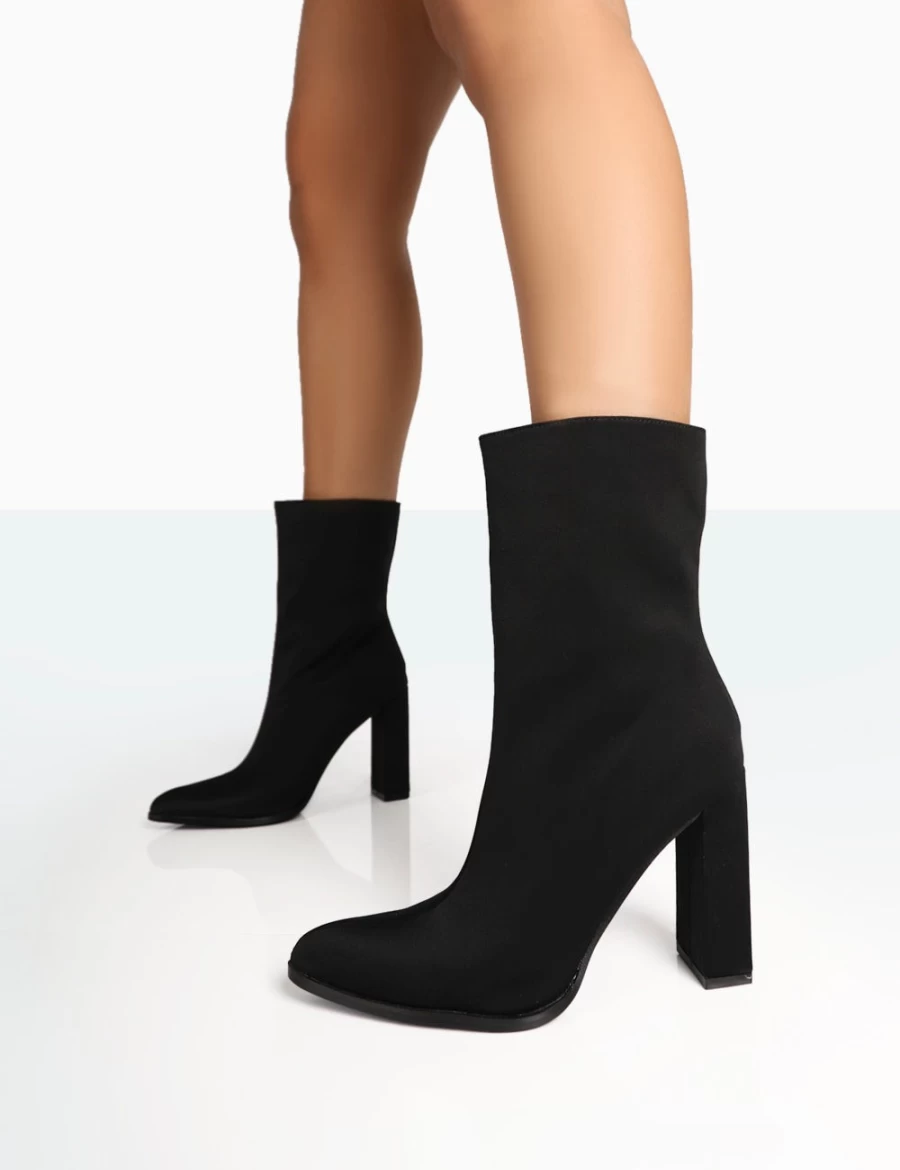 Public Desire Women's Black Bridget Nylon Pointed Toe Block Heel Ankle Boots