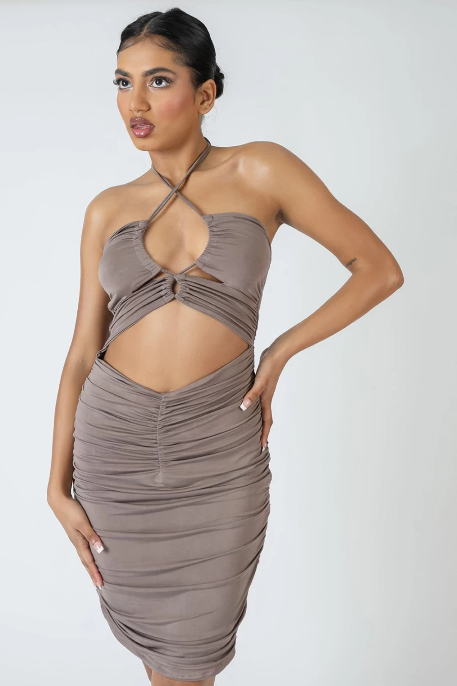 Public Desire Women's Grey Slinky Loop Ruching Tie Midi Dress