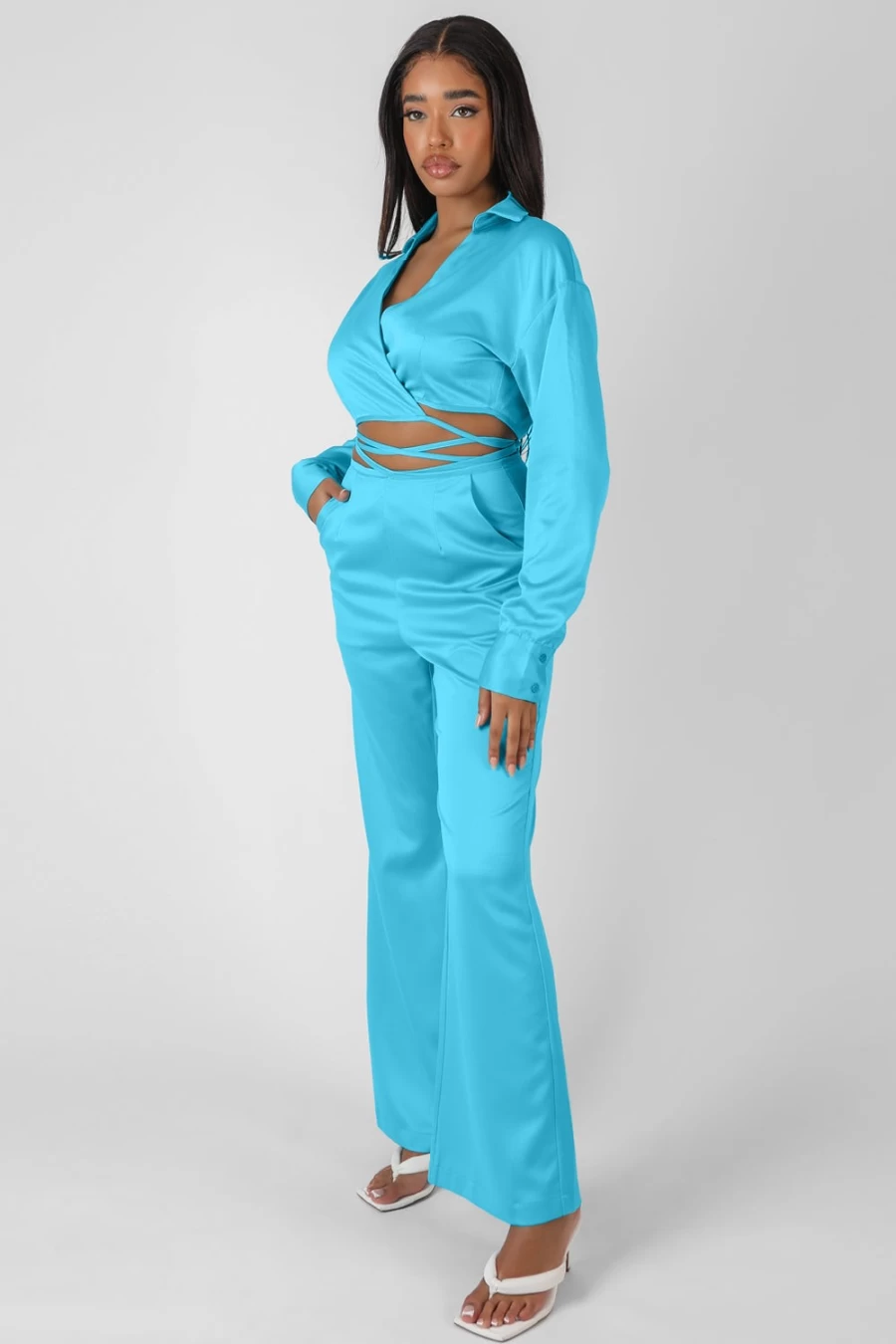 "Public Desire Women's Blue Strappy Waist Straight Leg Trousers"