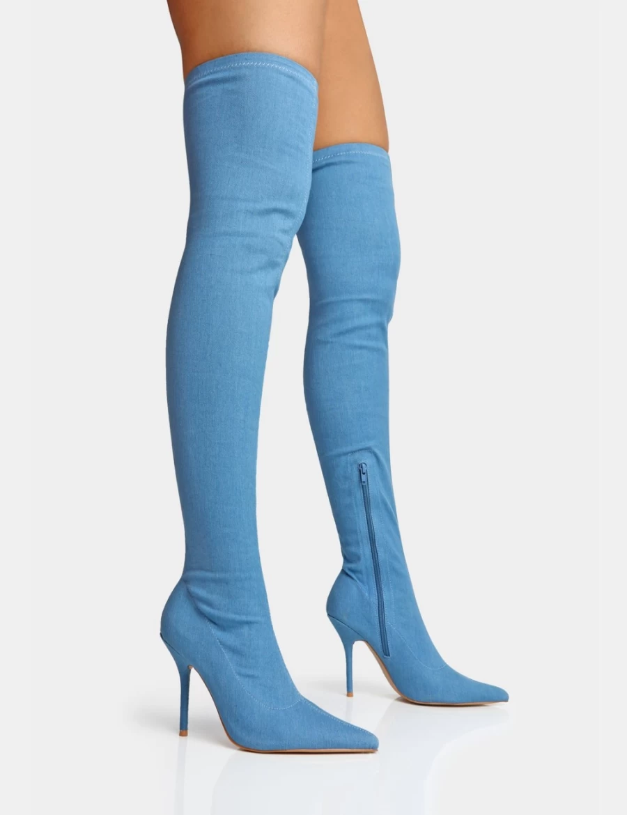 Public Desire Women's Blue Jodie Denim Thigh High Boots with Seam Detail & Pointed Toe Stiletto Heel