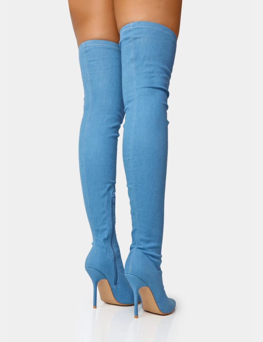 Public Desire Women's Blue Jodie Denim Thigh High Boots with Seam Detail & Pointed Toe Stiletto Heel