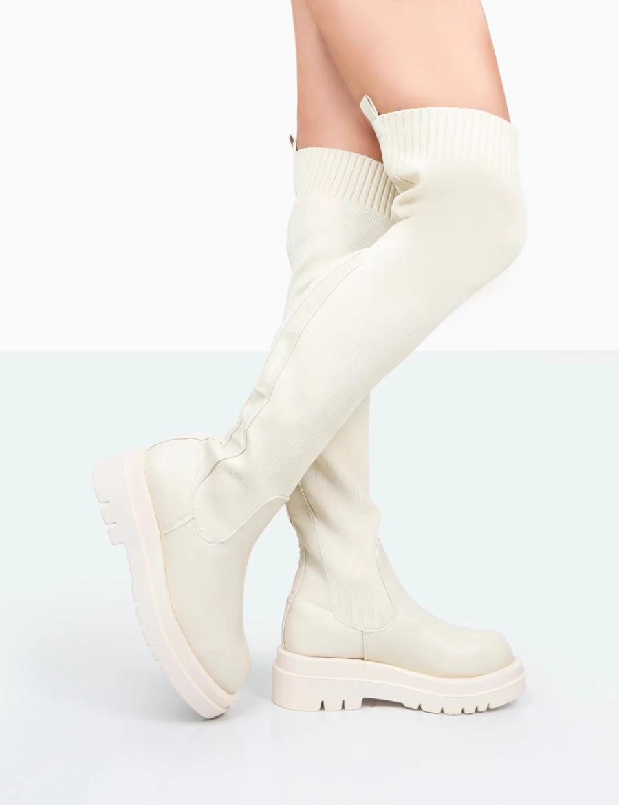 Public Desire Women's Ecru Chunky Sole Over The Knee Sock Boots - Knit & PU Design