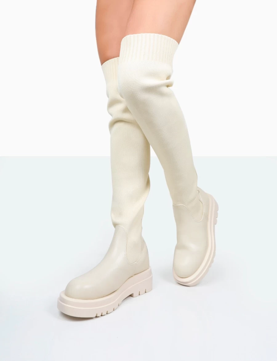 Public Desire Women's Ecru Chunky Sole Over The Knee Sock Boots - Knit & PU Design