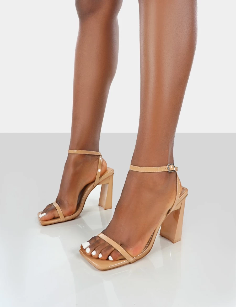 Public Desire Women's Camel Charlotte Patent Leather Square Toe Strappy Block Heel Sandals
