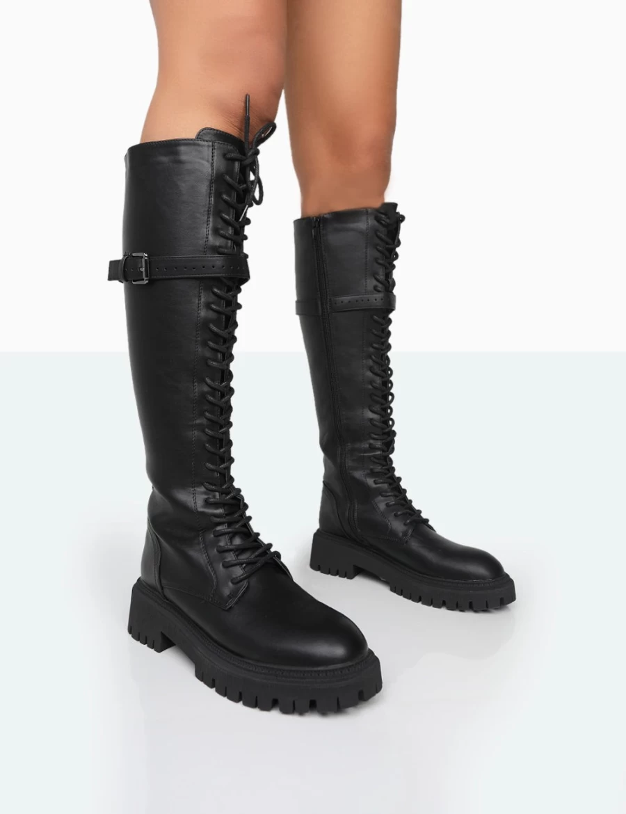 Public Desire Women's Black Lainey Pu Chunky Sole Knee High Boots Lace Up