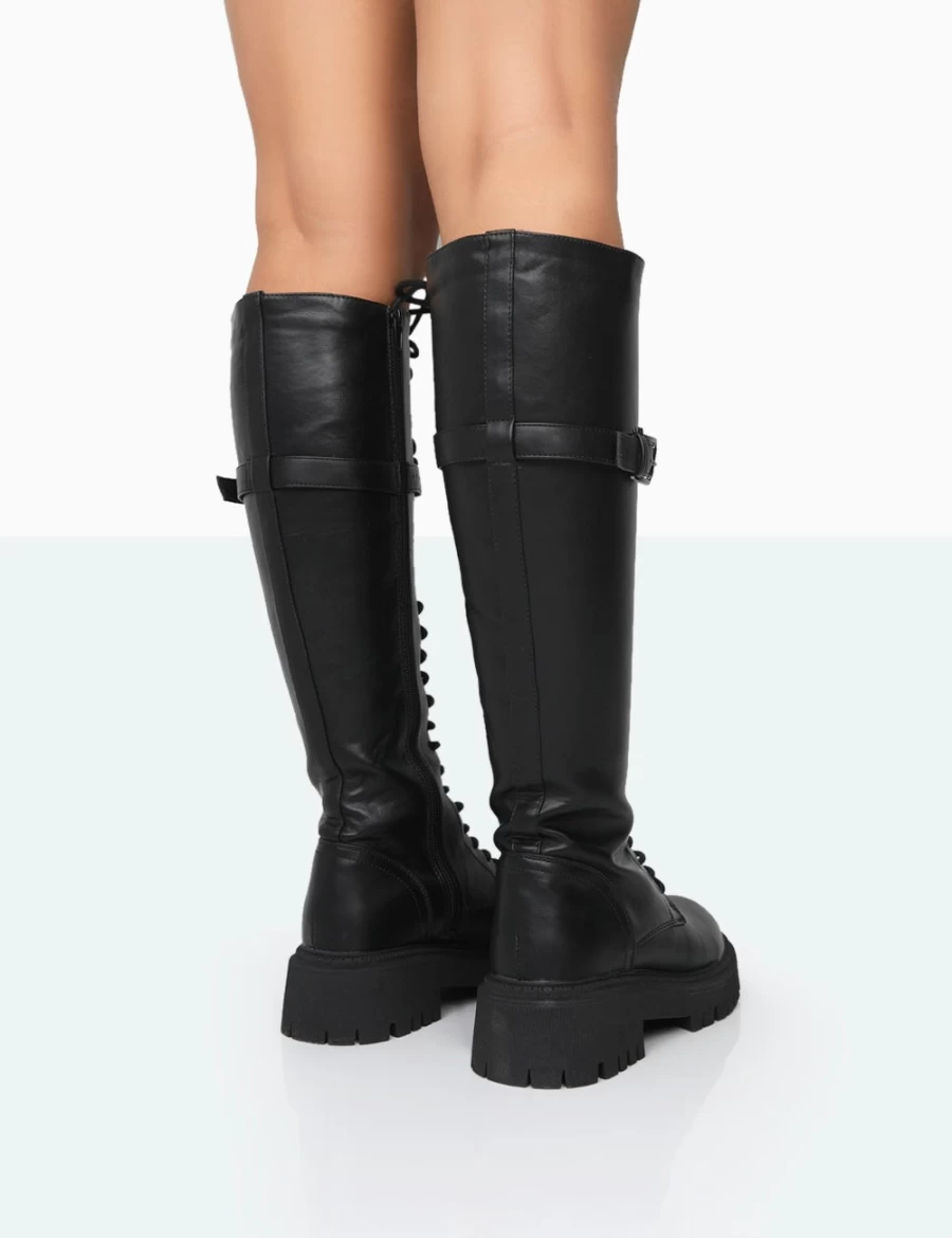 Public Desire Women's Black Lainey Pu Chunky Sole Knee High Boots Lace Up
