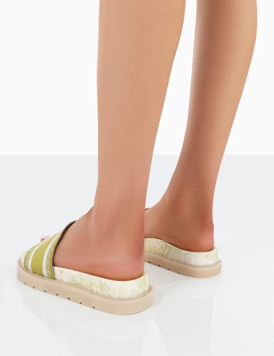 Public Desire Women's Green Embroidered Toile Sage Slide Sandals
