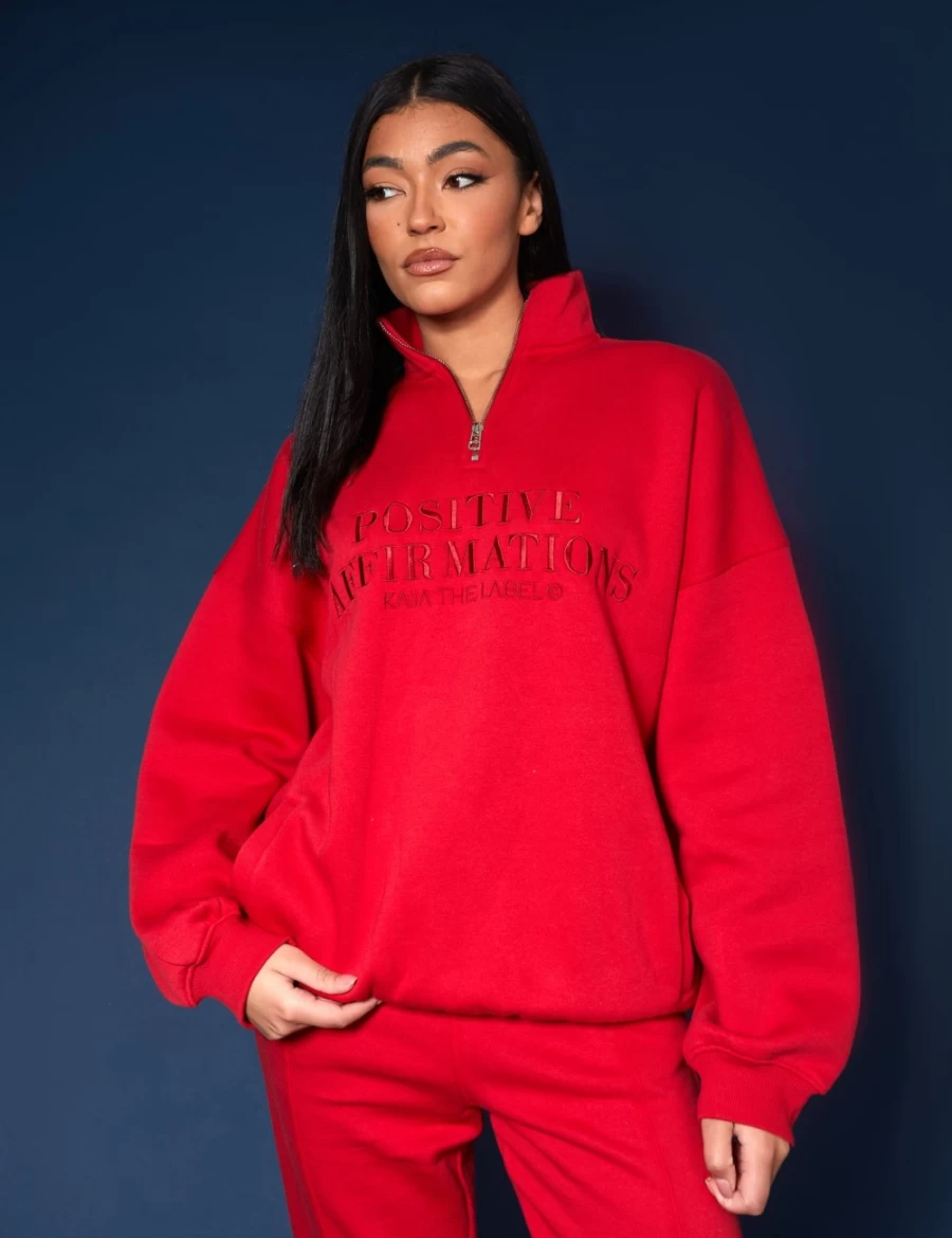 Women's Red Half Zip Tonal Embroidered Sweatshirt - Public Desire