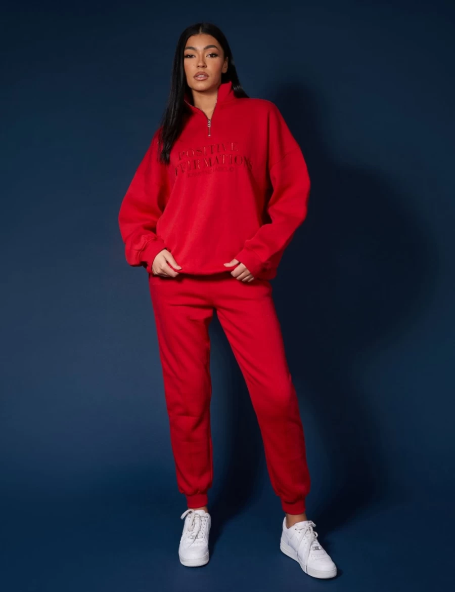 Women's Red Half Zip Tonal Embroidered Sweatshirt - Public Desire