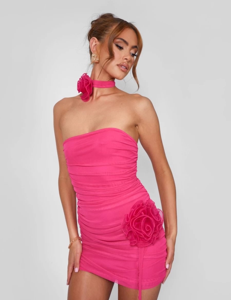 Public Desire Women's Hot Pink Rose Detail Bandeau Mesh Mini Dress