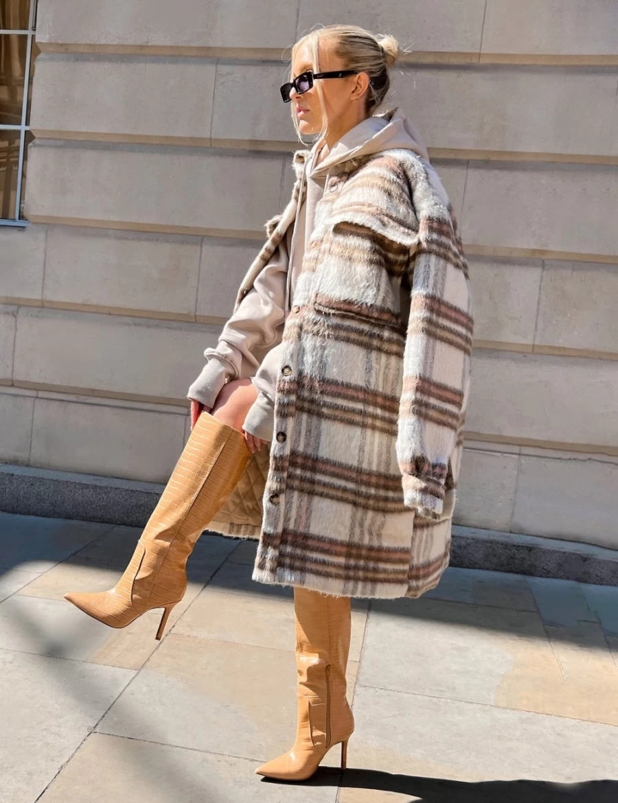 "Public Desire Women's Ecru Longline Soft Touch Check Shacket - Oversized Plaid Shirt Jacket"