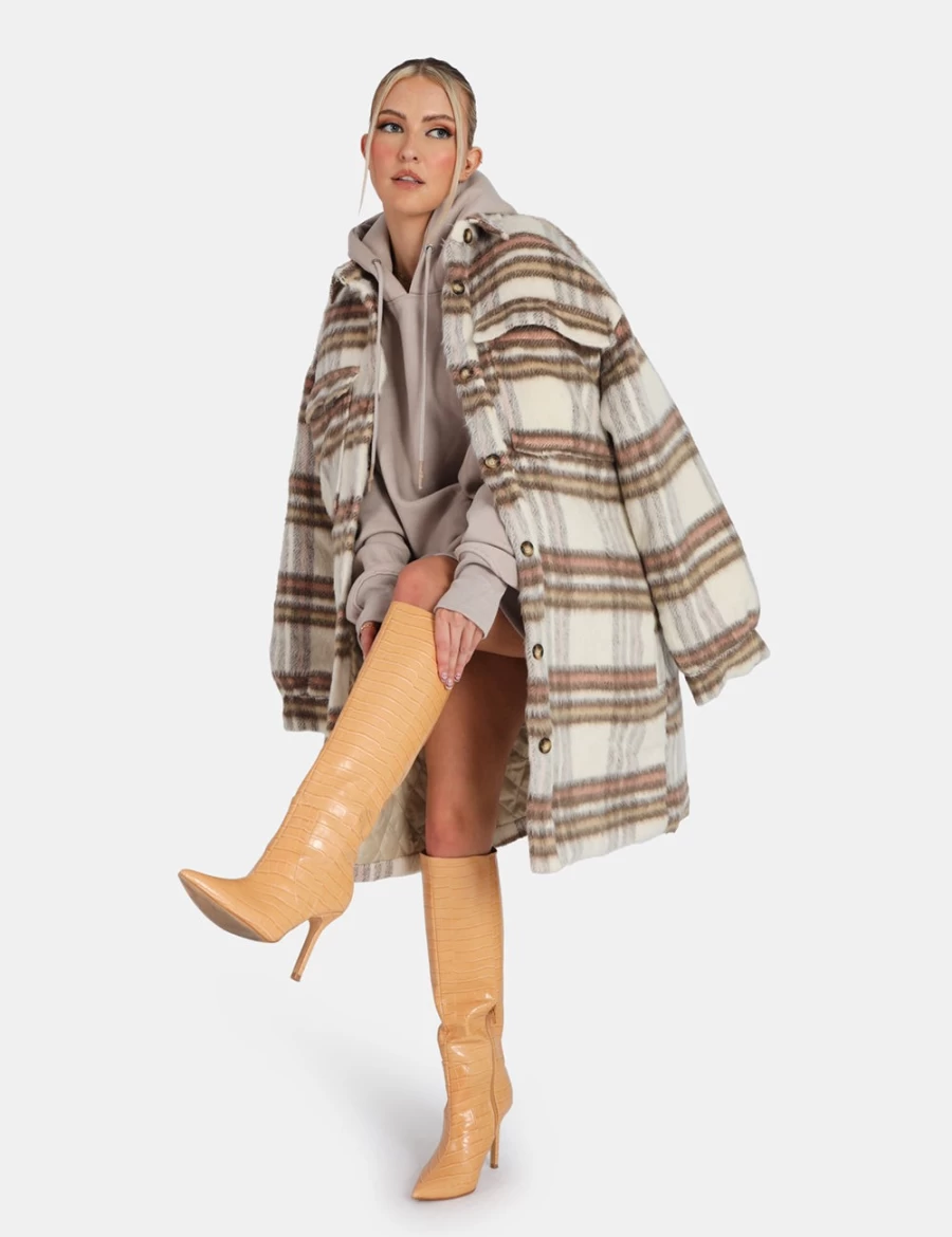 "Public Desire Women's Ecru Longline Soft Touch Check Shacket - Oversized Plaid Shirt Jacket"