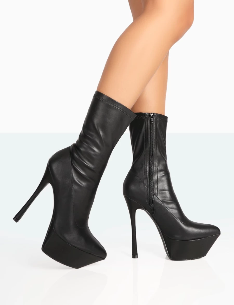 Public Desire Vegas Black Grain Pointed Toe Stiletto Platform Ankle Boots for Women