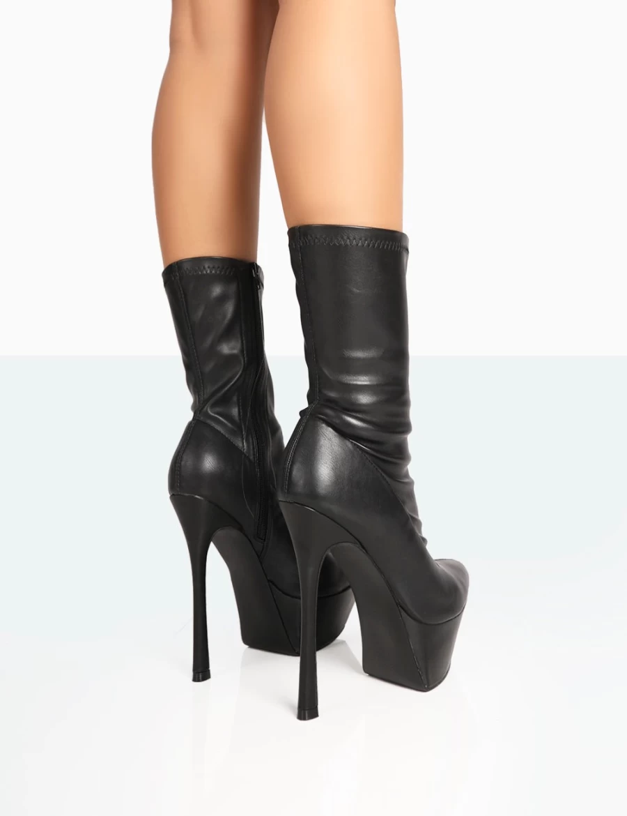 Public Desire Vegas Black Grain Pointed Toe Stiletto Platform Ankle Boots for Women
