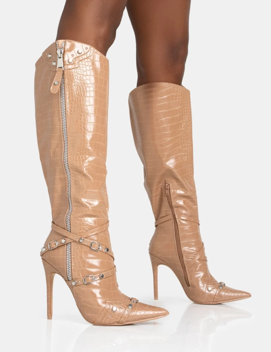 Public Desire Women's Caramel Camel Croc Studded Knee High Boots with Zip Detail & Pointed Toe Stiletto Heel