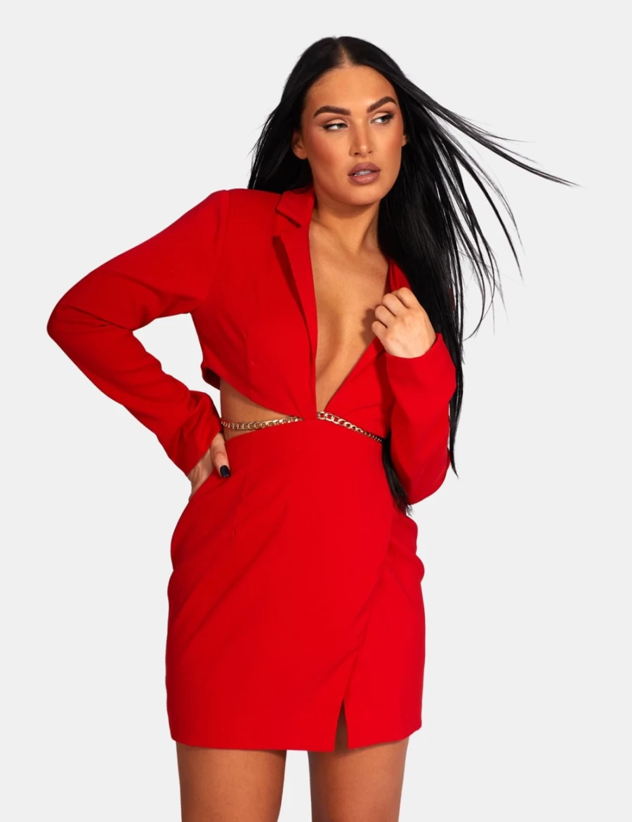 "Public Desire Women's Red Cut Out Chain Detail Waist Blazer Dress"