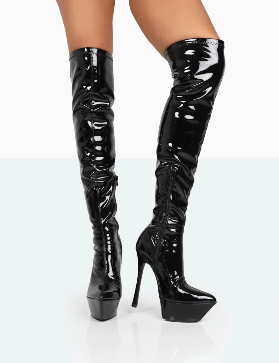 Public Desire Black Patent Stiletto Platform Over The Knee Boots for Women
