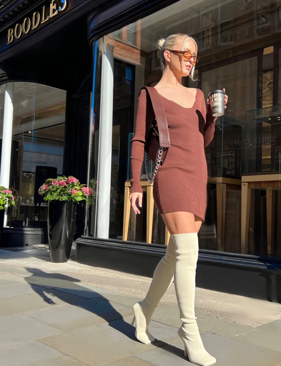 Public Desire Women's Brown Knitted Off Shoulder Mini Dress