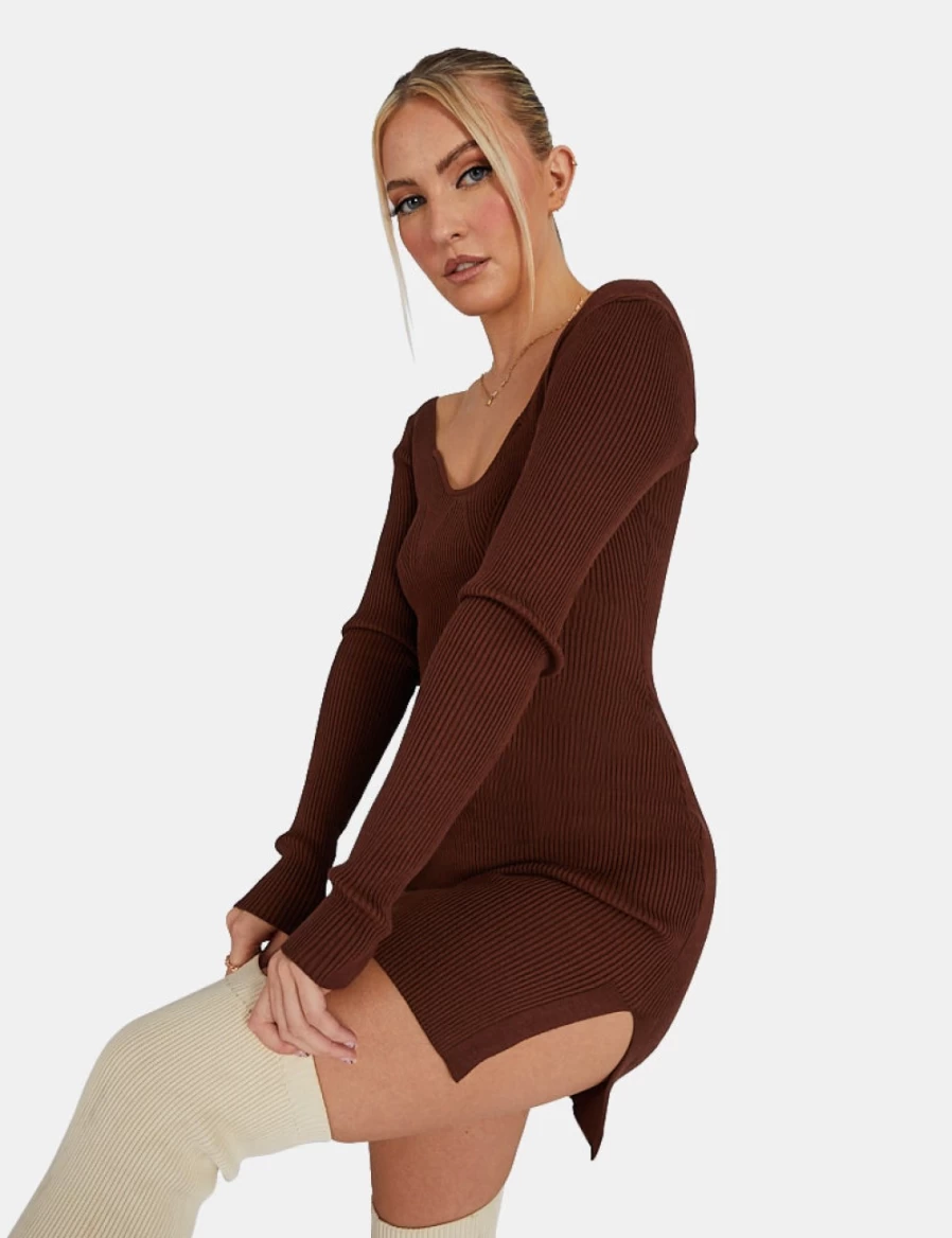 Public Desire Women's Brown Knitted Off Shoulder Mini Dress