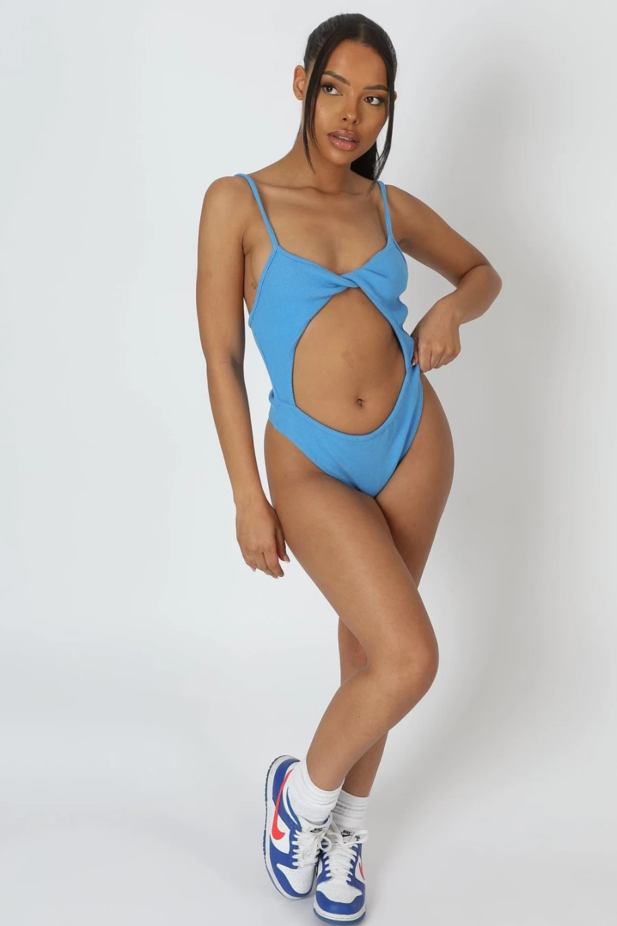 "Public Desire Women's Blue High Leg Twist Bodysuit Jersey Lingerie"