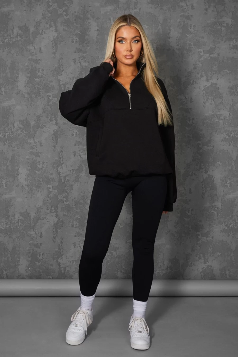 "Public Desire Women's Black Oversized Half Zip Pullover Sweatshirt with Front Pocket"