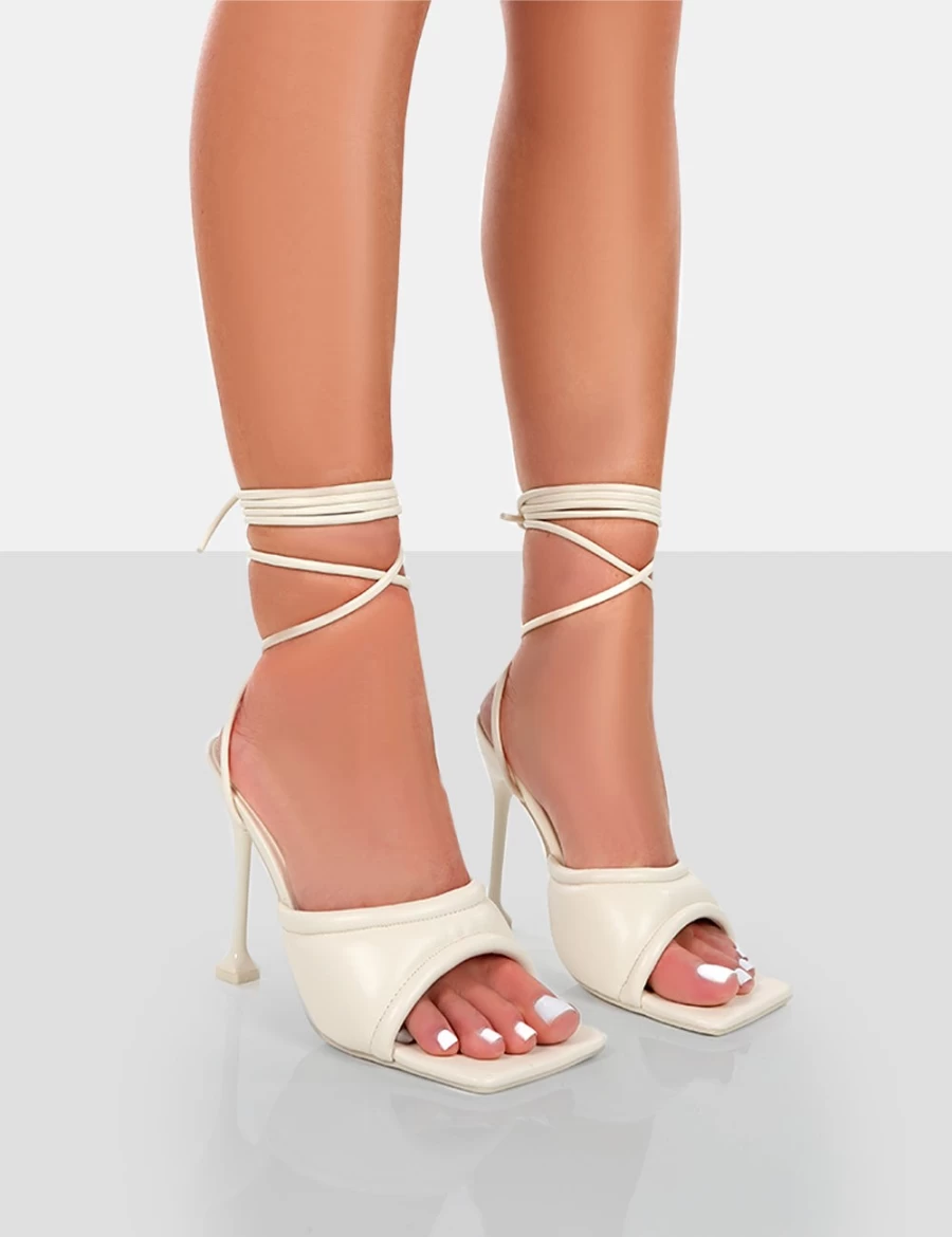 Public Desire Women's Ecru Gracie Pu Square Peep Toe Lace Up Stiletto Heels