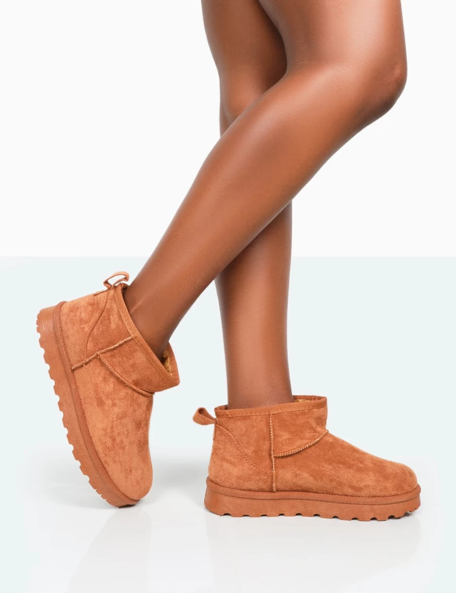 Public Desire Women's Tan Faux Suede Ultra Mini Ankle Boots - Flurry Chestnut Brown