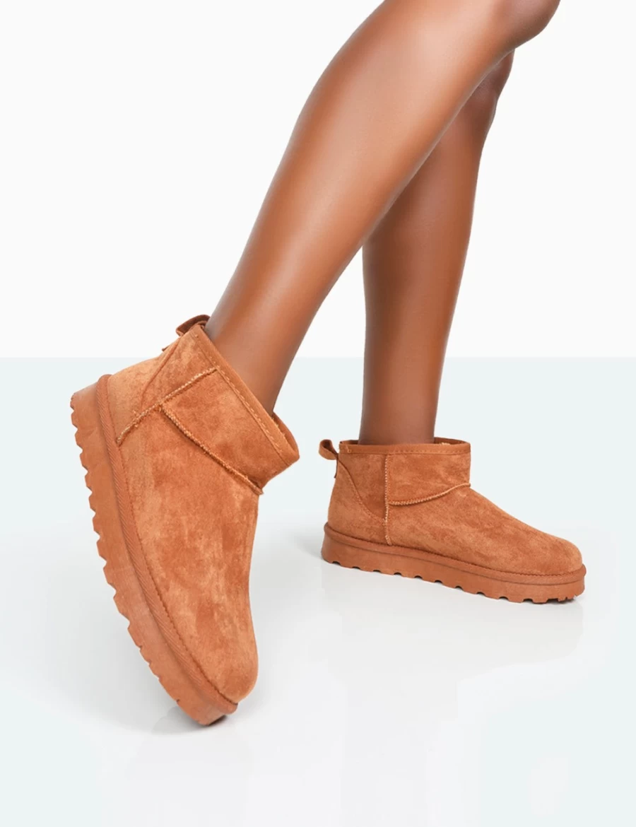 Public Desire Women's Tan Faux Suede Ultra Mini Ankle Boots - Flurry Chestnut Brown