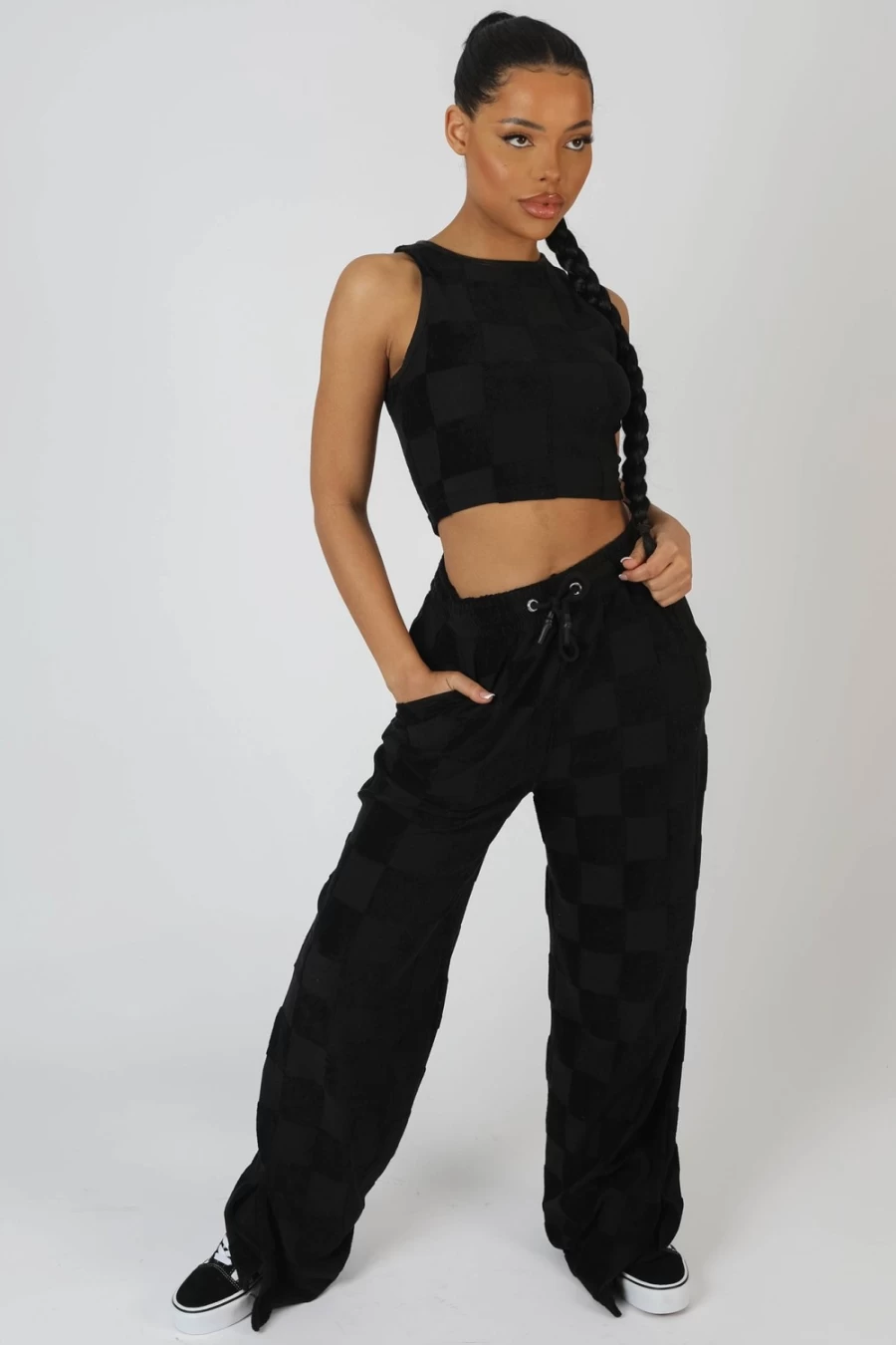 "Public Desire Women's Black Wide Leg Split Hem Checkerboard Towelling Joggers"