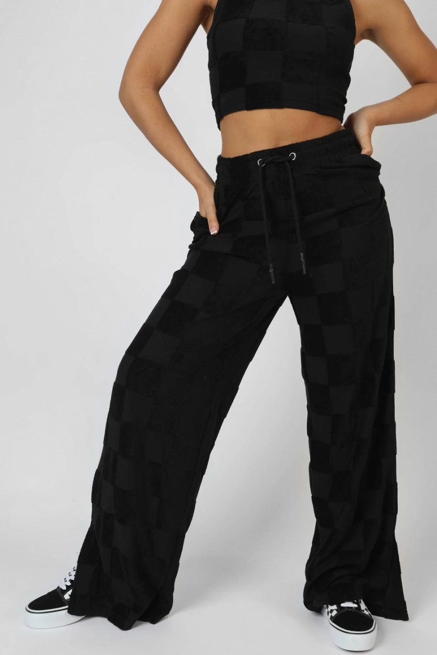 "Public Desire Women's Black Wide Leg Split Hem Checkerboard Towelling Joggers"