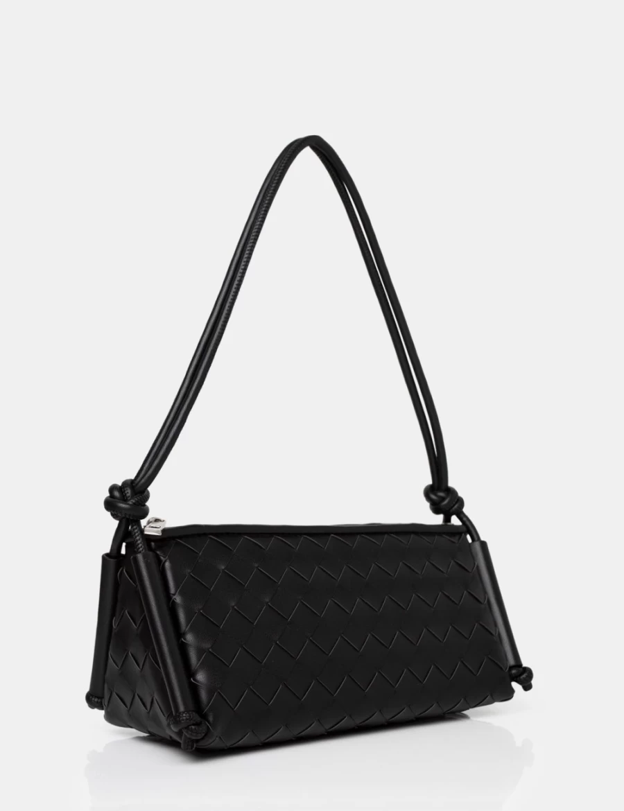 Public Desire Black Woven Oblong Shoulder Bag for Women - Knotted Handle Designer Purse