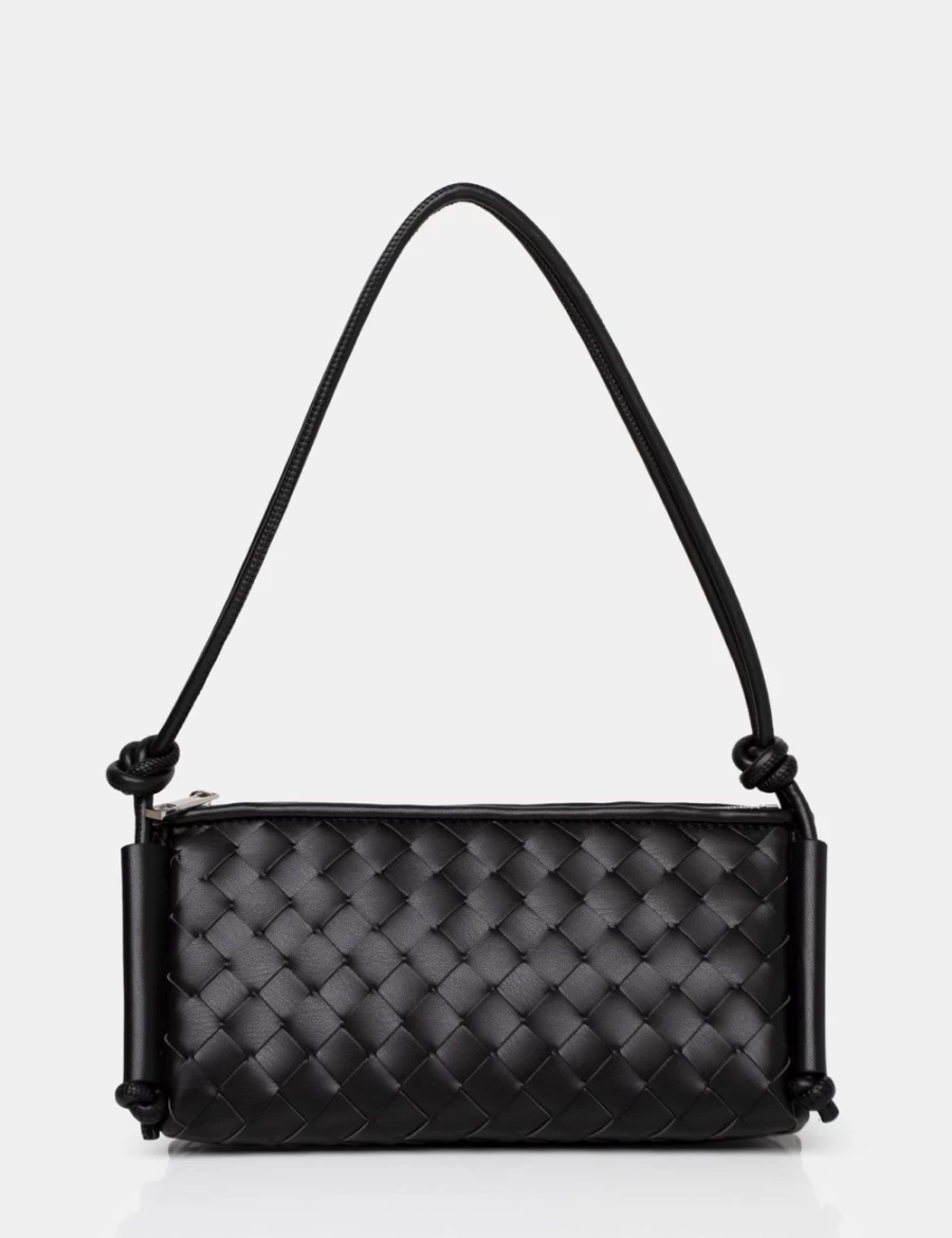 Public Desire Black Woven Oblong Shoulder Bag for Women - Knotted Handle Designer Purse
