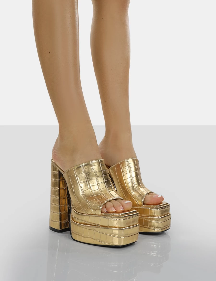 Public Desire Women's Gold Sky High Croc Chunky Platform Heel Mules Sandals
