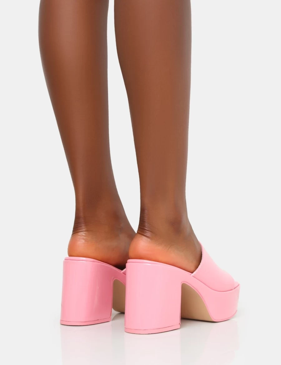Public Desire Pink Ariel Patent Mule Chunky Mid Heels for Women Platform Shoes