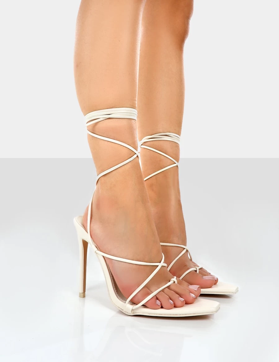 Public Desire Women's Ecru Lace Up Stiletto Heels - Otti Pu Elegant High Heels