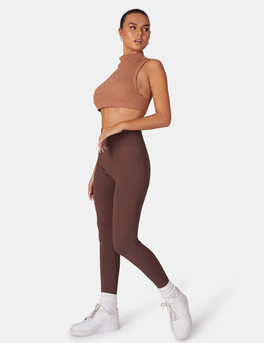 Public Desire Women's Brown High Neck Racerback Low Side Ribbed Crop Top - Cinnamon